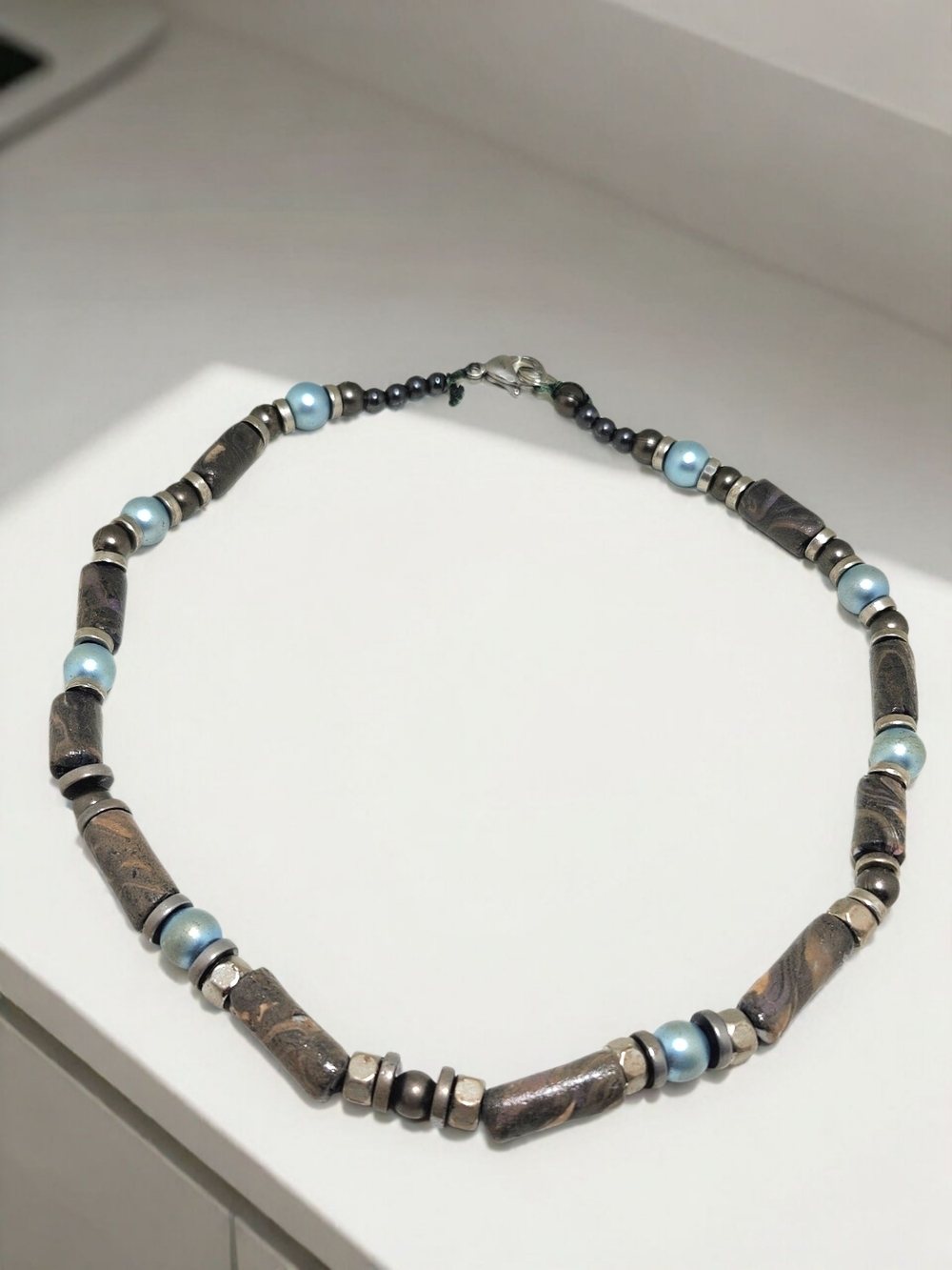 Blue Pearl and Polymer Clay Beaded Necklace